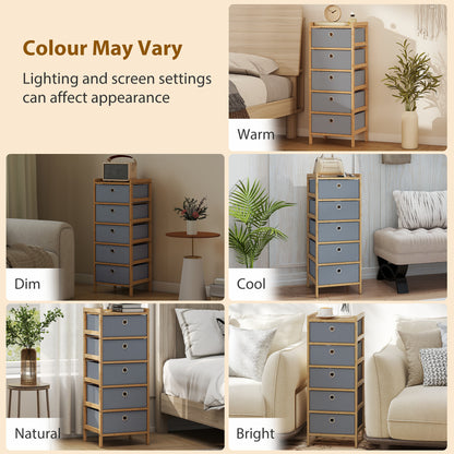 HOMCOM Chest of Drawers, 5 Fabric Drawers Narrow Dresser with Bamboo Frame, Light Grey