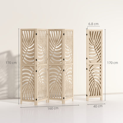 HOMCOM 4 Panel Privacy Screens, Detachable Folding Room Divider with Palm Leaf Design for Home Office, Natural Wood Finish