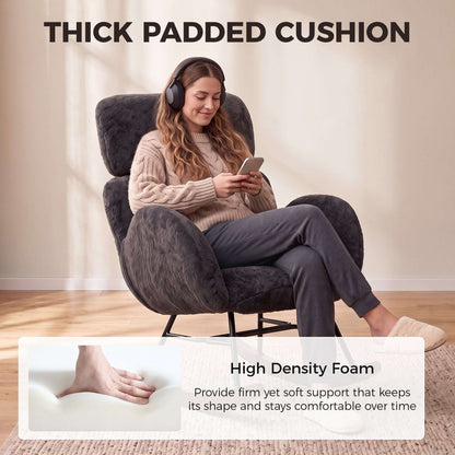 HOMCOM Upholstered Rocking Chair Adjustable Headrest Rocker Chair Raindrop Velvet Rubberwood Base Dark Grey