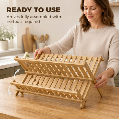 HOMCOM Kitchen Storage Unit, 2-Tier Foldable Kitchen Storage Rack with Slatted Draining Shelves, Natural Wood Finish