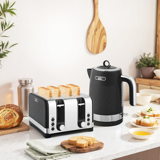 HOMCOM Sleek Textured Kettle and Four-Slice Toaster Set - Black--ChewyGames-ChewyGames
