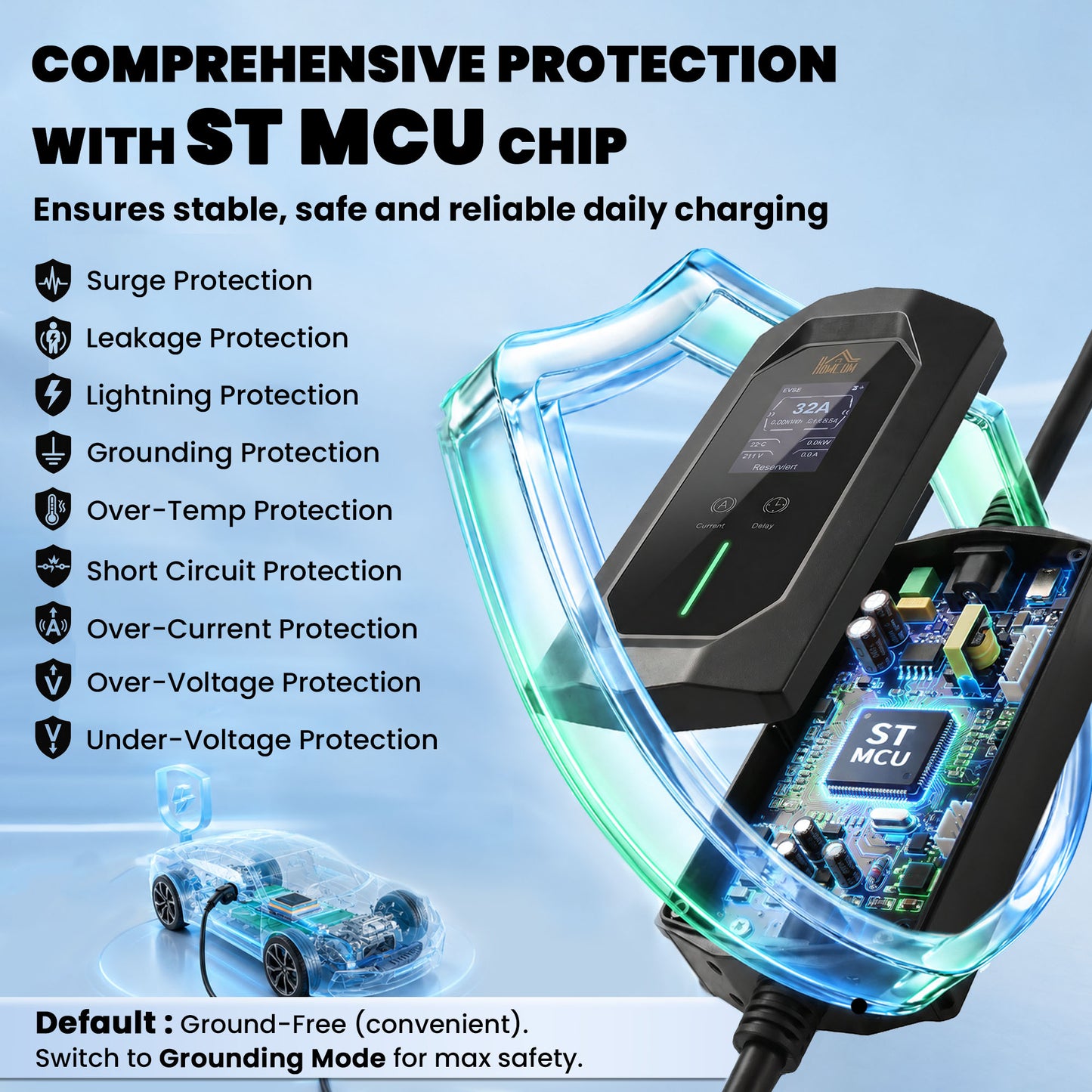 HOMCOM EV Charger 7kW Type 2 to CEE 32A Plug with UK Adapter, 10 m, 6-32A, Electric Car Charger w/ 1-12 h Time Delay