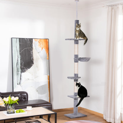 PawHut Floor to Ceiling Cat Tree 230-260cm Height Adjustable, 5-Tier Cat Tower with Scratching Posts, Hammock, Perches, Climbing Activity Centre for Indoor Kittens Playing and Relaxing, Grey