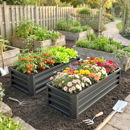 Outsunny Set of Two 110 x 50cm Steel Planter Boxes -  Dark Grey
