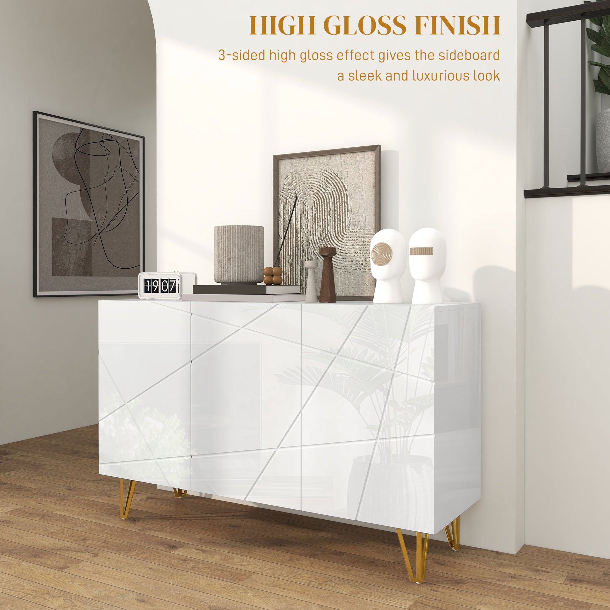 HOMCOM Modern Luxe High Gloss Sideboard, with Hairpin Legs - White-Sideboards-ChewyGames-ChewyGames