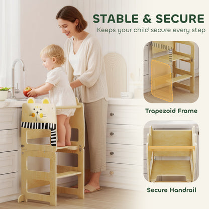 AIYAPLAY Toddler Step Stool, Standing Tower with Chalkboard, 3-in-1 Cat-Shaped Step Stool for Kitchen Counter, Natural