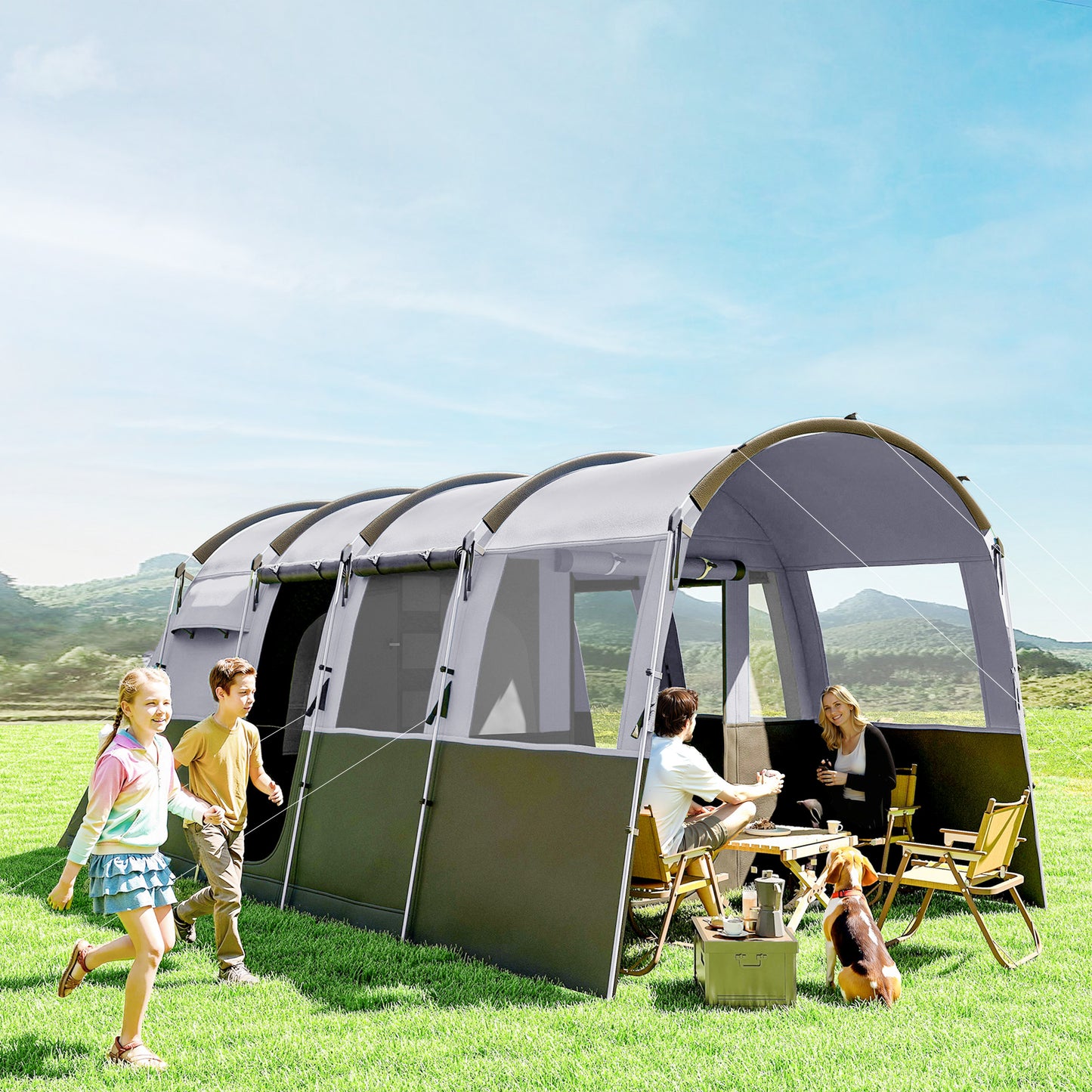 Outsunny 8-Person Camping Tent, Waterproof Family Tent, Tunnel Design, 4 Large Windows, Sleeping Cabins 3000mm Water Column Grey