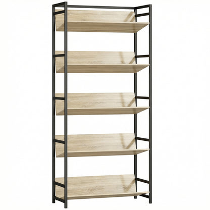 HOMCOM Bookshelf 5-Tier Metal Frame Bookcase Storage Shelves for Living Room Oak