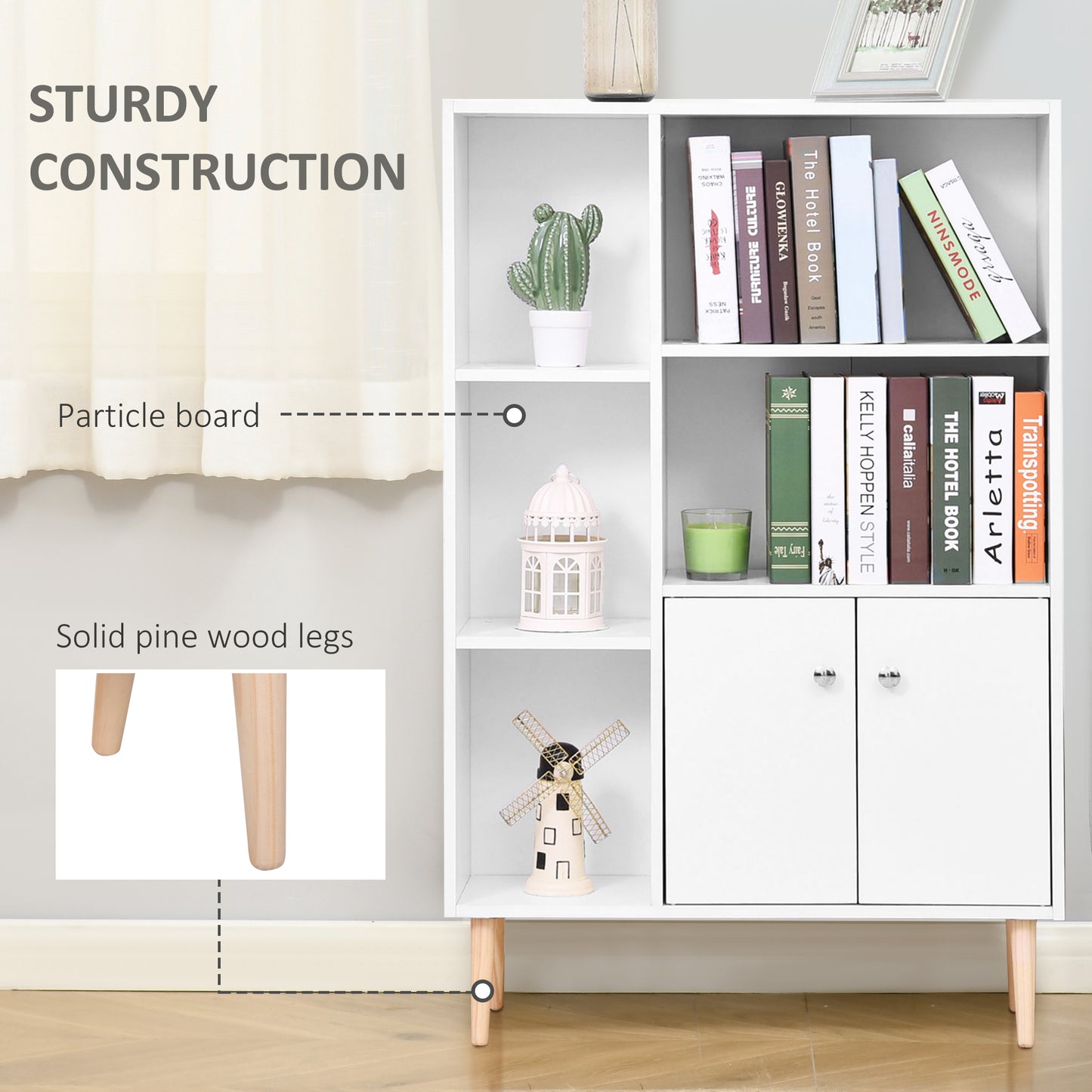 HOMCOM Sideboard Storage Cabinet Cupboard, Open Bookcase with 2 Doors 5 Compartments Wooden Modern Style for Living Room Bedroom Kitchen 80 x 23 x 123 cm, White--ChewyGames-ChewyGames
