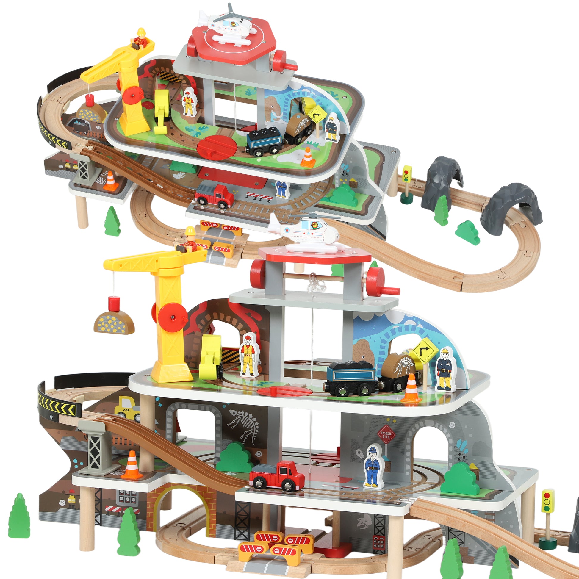 AIYAPLAY 79 Piece Wooden Train Set, Kids Train Track Mine Themed with Crane, Helicopter--ChewyGames-ChewyGames