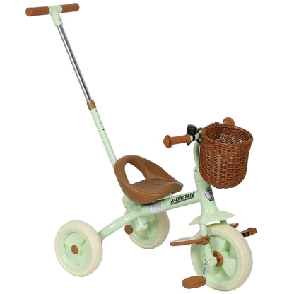 AIYAPLAY 2-In-1 Toddler Trike for 2-5 Years Old, 3 Wheel Bike with Adjustable Parent Handle, Basket for Boys and Girls, Green