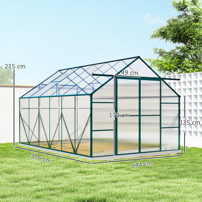 Outsunny 8 x 12ft Aluminium Greenhouse Polycarbonate Walk in Garden Greenhouse Kit with Adjustable Roof Vent, Double Sliding Door, Rain Gutter and Foundation, Clear