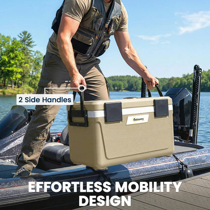 Outsunny 42.6L Insulated Cool Box, Lightweight Portable Ice Cooler with Handle, Lid and Drain Valve, Khaki