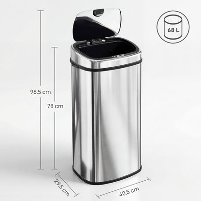HOMCOM 68L Automatic Sensor Bin, Touchless Stainless Steel Kitchen Rubbish Bin, Hands-Free Infrared Waste Dustbin, Motion Trash Can with Manual Button for Home Office, Silver