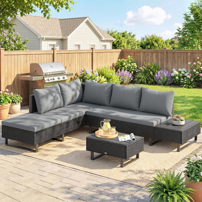 Outsunny 5 Seater Rattan Garden Furniture Set, L Shaped Garden Corner Sofa, Adjustable Back, Faux Wood Table, Dark Grey