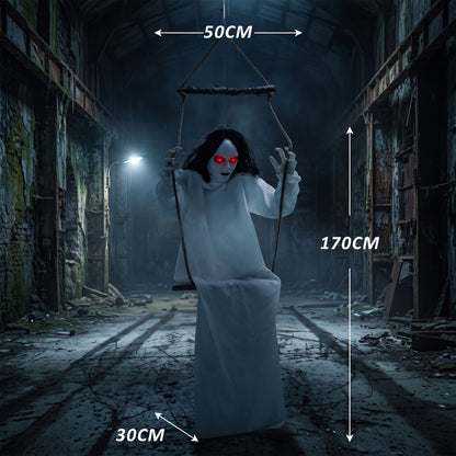 HOMCOM 170cm Animated Hanging Swing Ghost Halloween Decoration, Sound Touch Activated Ghost Halloween Animatronic