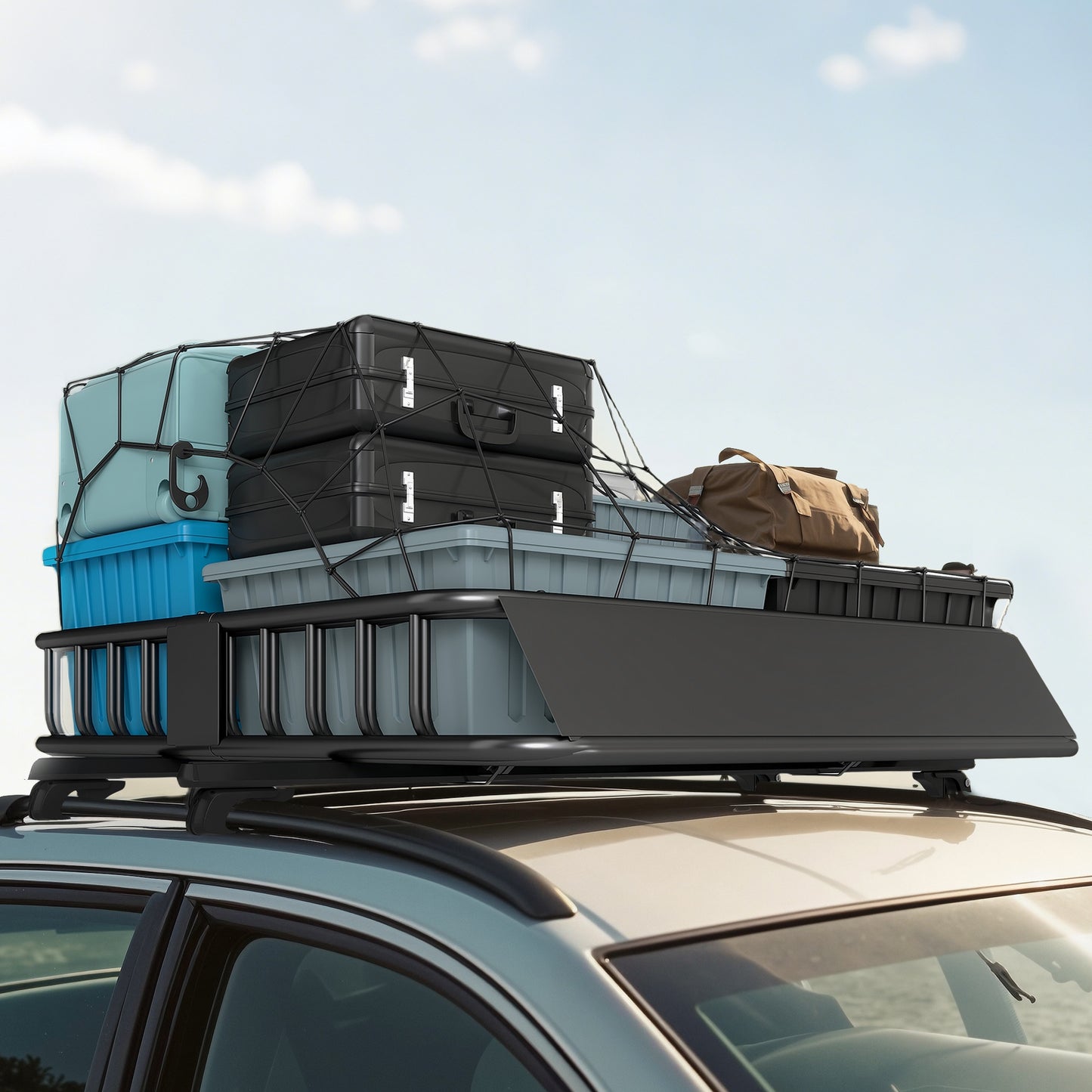 HOMCOM Universal Roof Rack Basket Tray, 90.7 kg Steel Car Rooftop Luggage Cargo Carrier Holder with Wind Fairing, Side Rails for SUVs, Pickups, Sedans, Off-Road Vehicles, 110.5 x 99.5 x 18.5 cm, Black