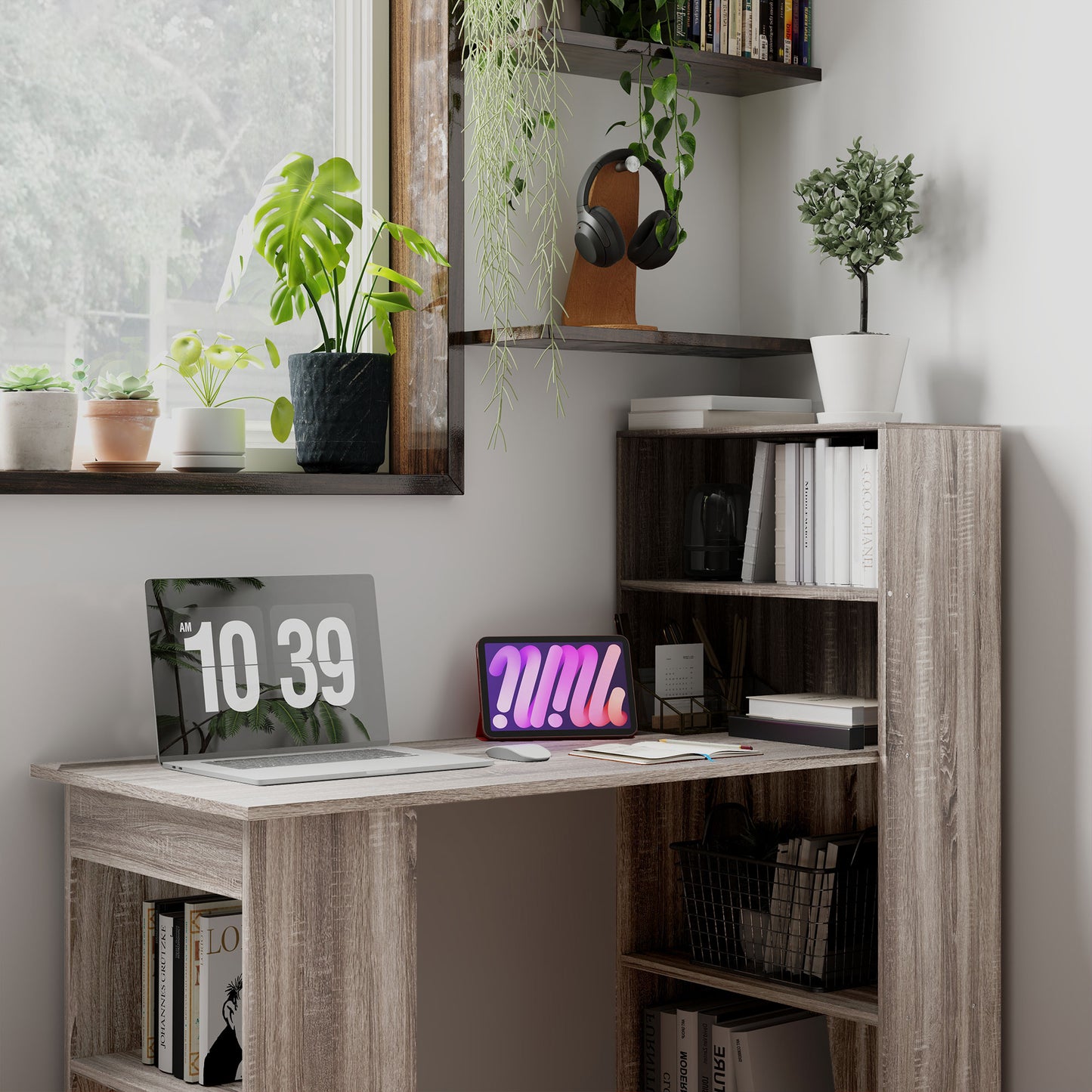 HOMCOM 120cm Computer Desk, Wooden PC Laptop Table with 6-Tier Storage Bookshelves, Home Office Working Study Desk, Writing Workstation, Grey