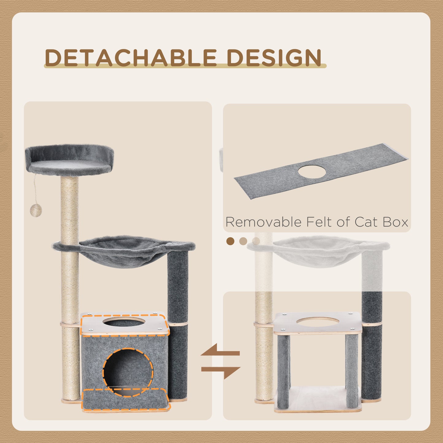 PawHut Cat Tree for Indoor Cats 95cm Climbing Tower Kitten Activity Center with Sisal Scratching Post Perch Roomy Condo Hammock Removable Felt Hanging Toy, Grey