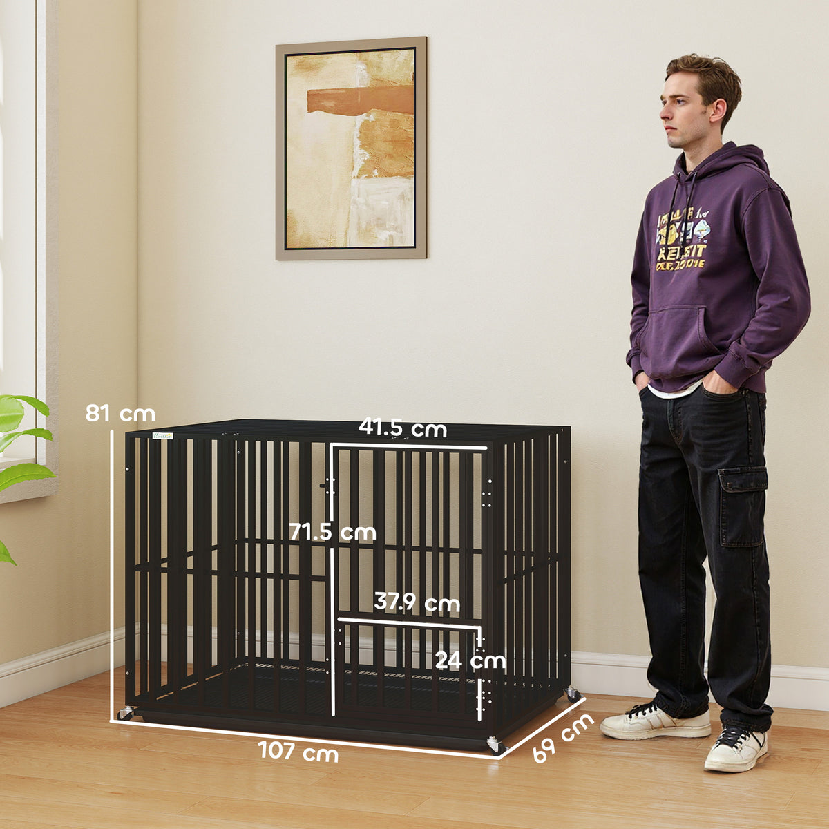 PawHut Heavy Duty Dog Crate, Dog Cage with Wheels for Medium Large Breeds, Metal Pet Kennel with Removable Tray