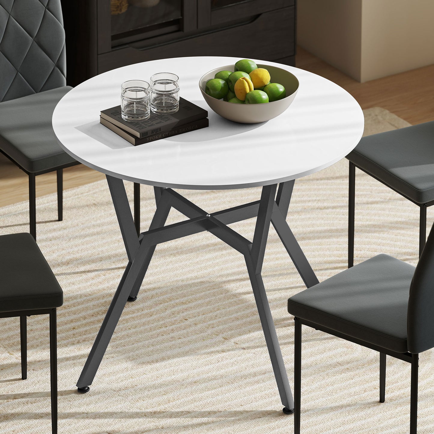 HOMCOM Dining Table, Round Kitchen Table with Black Legs for Living Room, Dining Room 90 x 76 cm, High Gloss White