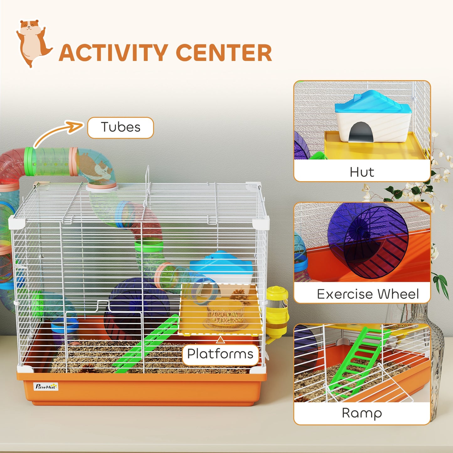 PawHut 2 Tier Hamster Cage, Gerbil Cage with Handle, Exercise Wheels, Tunnel, Water Bottle, Dishes, Ladder, for Dwarf--ChewyGames-ChewyGames