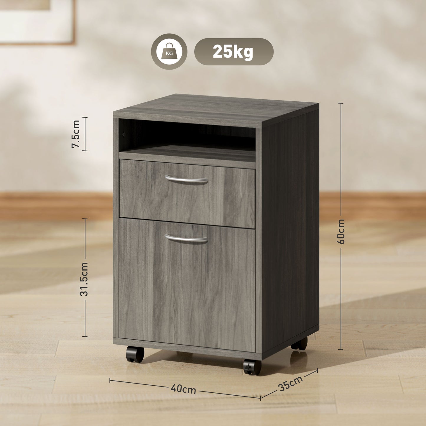 HOMCOM Filing Cabinet, Mobile File Cabinet with 2 Drawers, Office Home Organiser on Wheels for A4, Letter-Size File Folders, Mobile Printer with Open Shelf, Grey