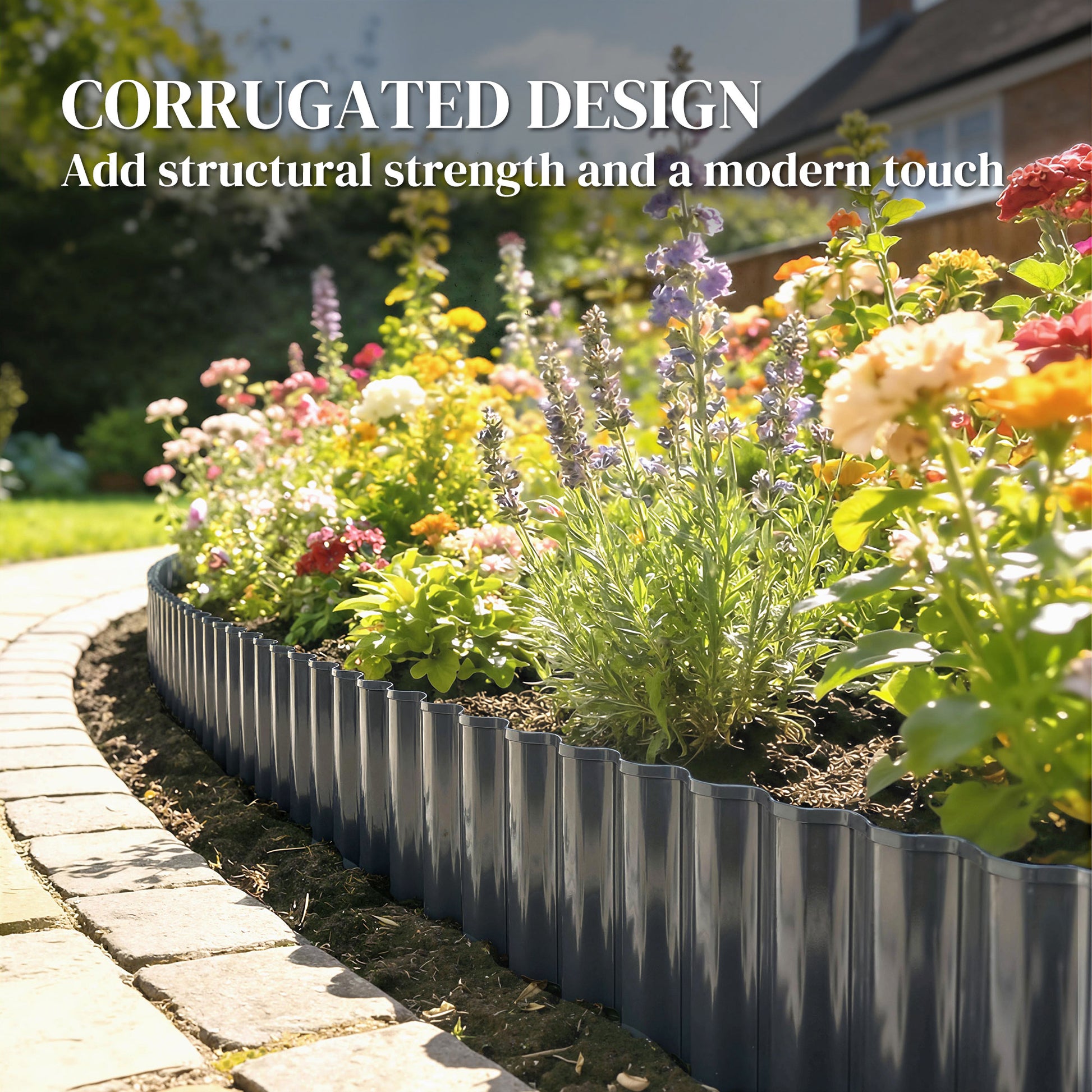 Outsunny Metal Garden Edging Border, 8 in x 21.3 ft Corrugated Heavy Duty Galvanised Steel Lawn Edging, Dark Grey--ChewyGames-ChewyGames
