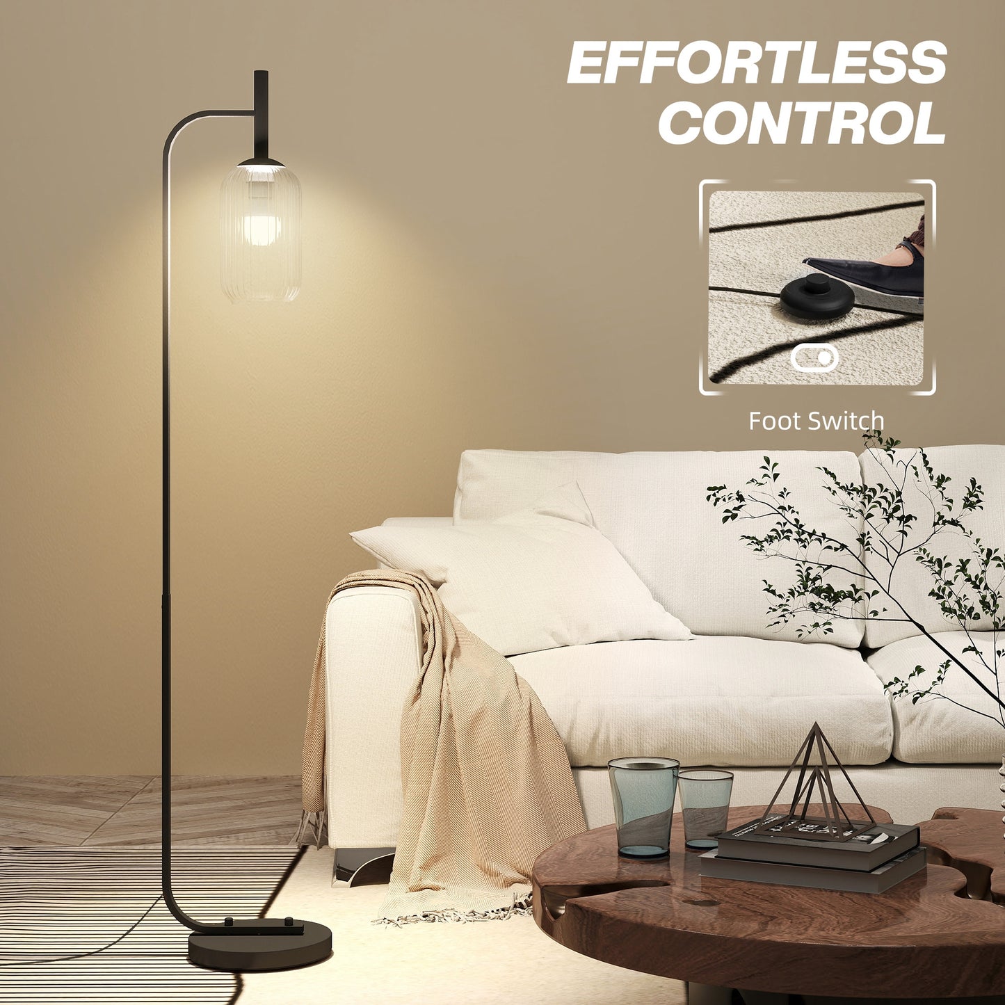 HOMCOM Floor Lamp for Living Room with Glass Lampshade, Modern Standing Lamp with Foot Switch for Bedroom, Bulb not Included, Black