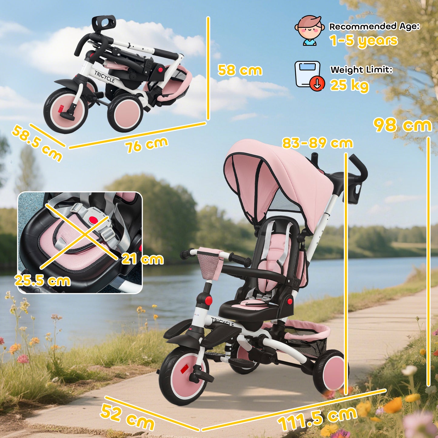 AIYAPLAY 6 in 1 Foldable Kids Trike with Adjustable Parent Handle & Canopy for Ages 1-5, Pink