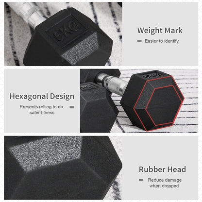 HOMCOM 2x5kg Rubber Dumbbell Sports Hex Weights Sets Gym Fitness Lifting Home-Dumbbells-ChewyGames-ChewyGames