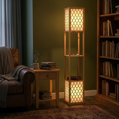 HOMCOM Floor Lamp with Shelves, Modern Tall Standing Lamp with Fabric Lampshades, Zipper Switch, Natural Wood Finish