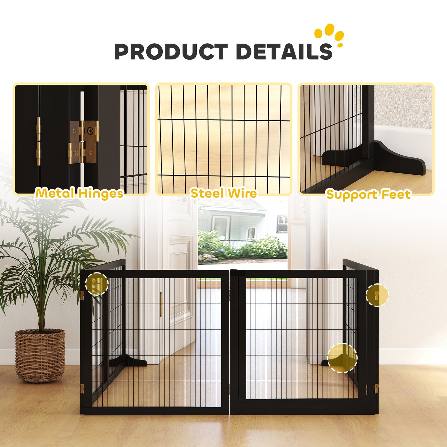 PawHut Wooden Pet Gate, Freestanding Dog Security Barrier with Two Support Feet - Black