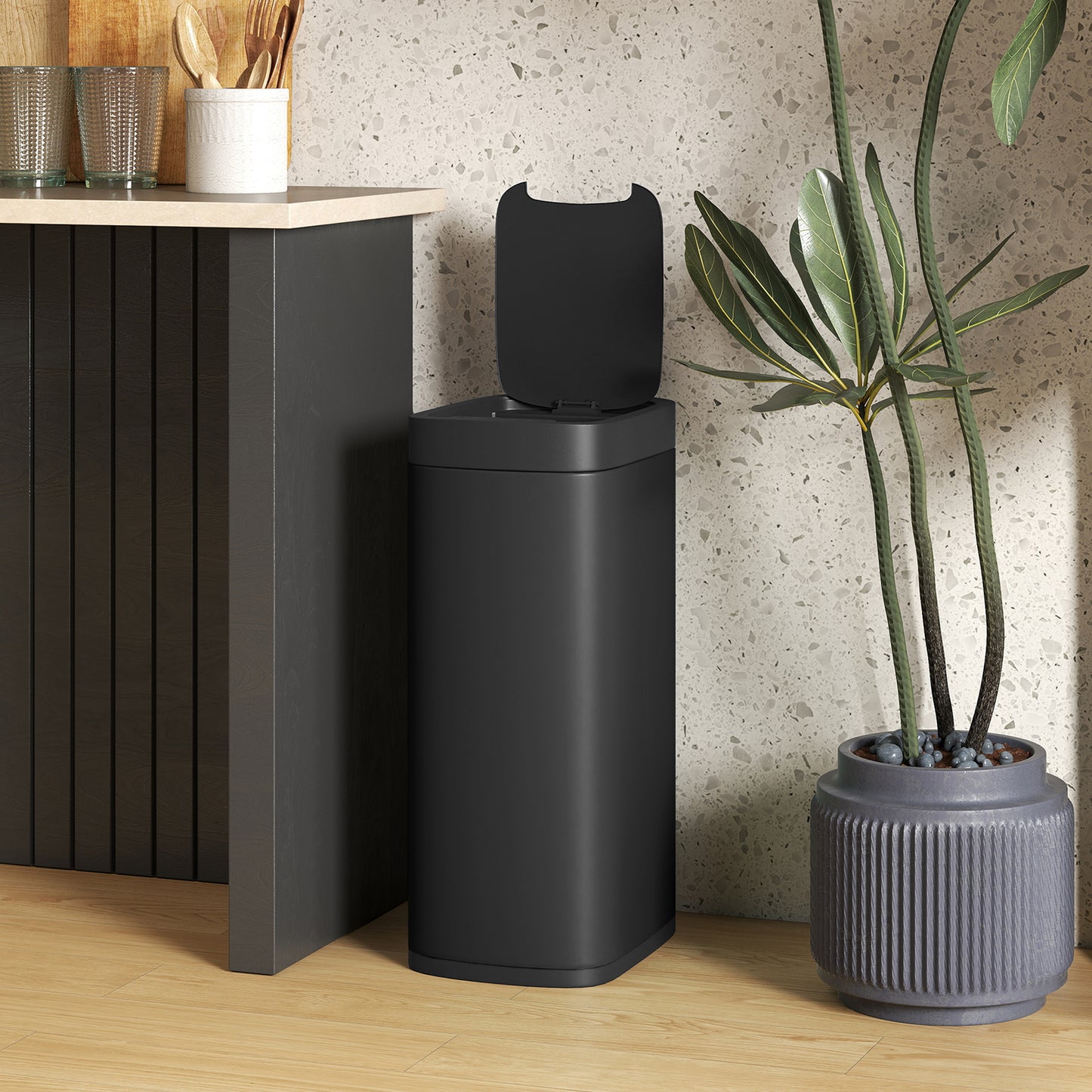 HOMCOM 50L Sensor Bin, Automatic Kitchen Bin, Manual Override, Battery Operated, Inner-Bucket-Free, for Kitchen, Bedroom, Black