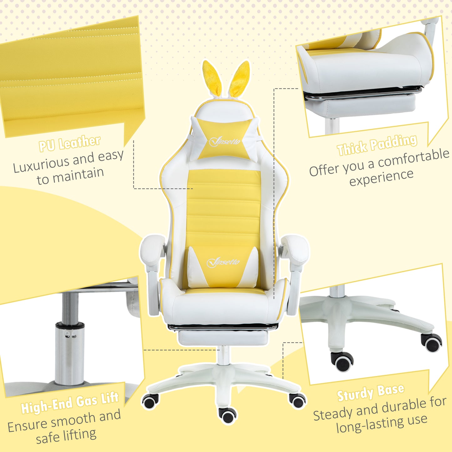 Vinsetto Gaming Chair, Ergonomic Reclining Computer Chair with Headrest, Lumbar Support and Ears for Girls & Adults, Yellow