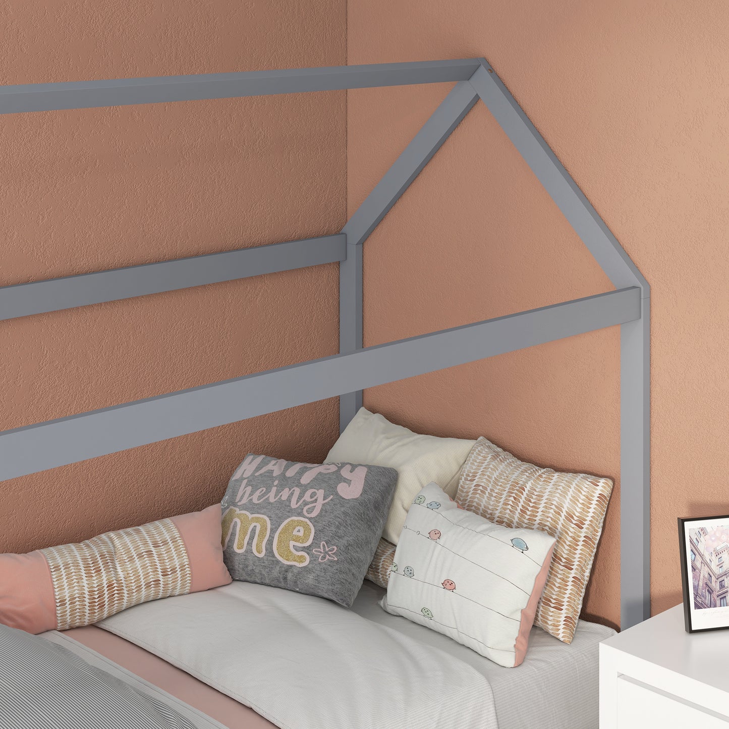 HOMCOM Single Bed Frame, House Scandinavian Style Wooden Bed Frame for 90W x 190Dcm Mattress, Pine Wood Bed Base, Grey
