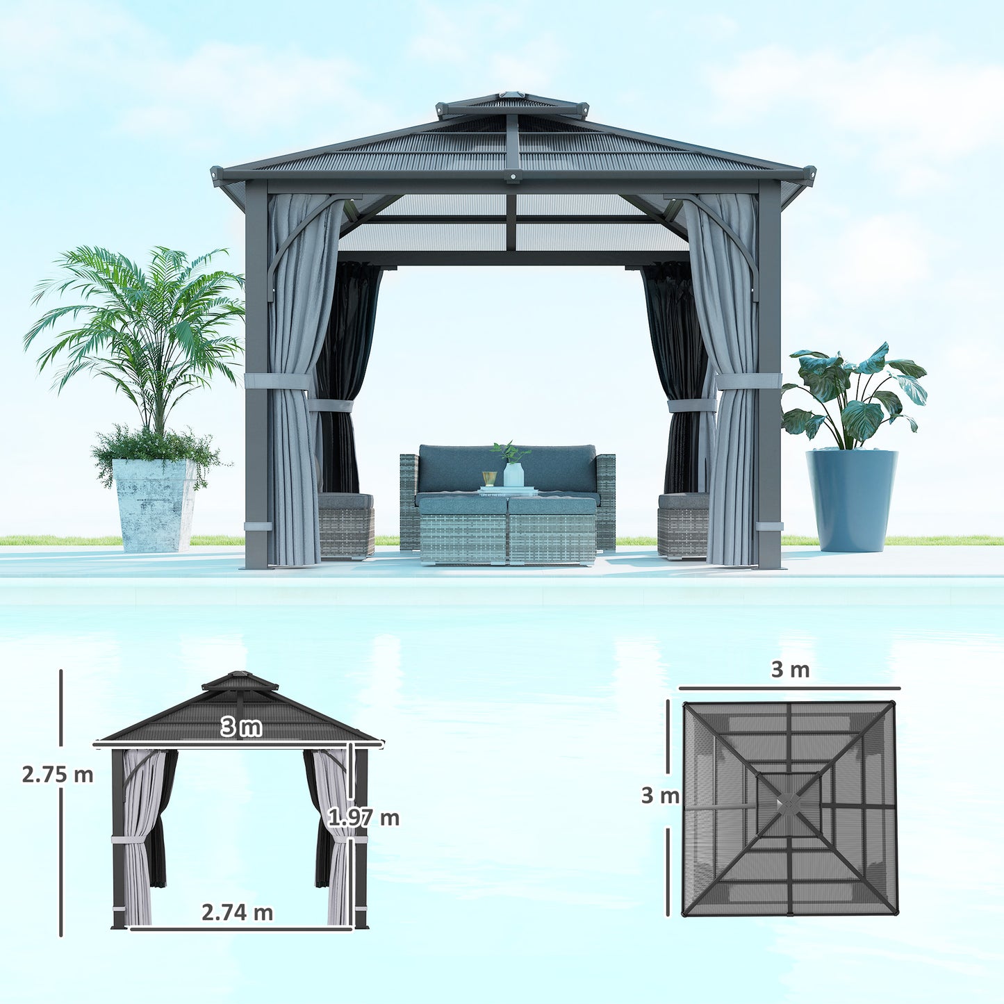 Outsunny 3 x 3(m) Hardtop Gazebo Canopy with 7mm Polycarbonate Double-Tier Roof, Garden Gazebo Permanent Pavilion with Mosquito Netting and Curtains for Patio, Terrace, Dark Grey
