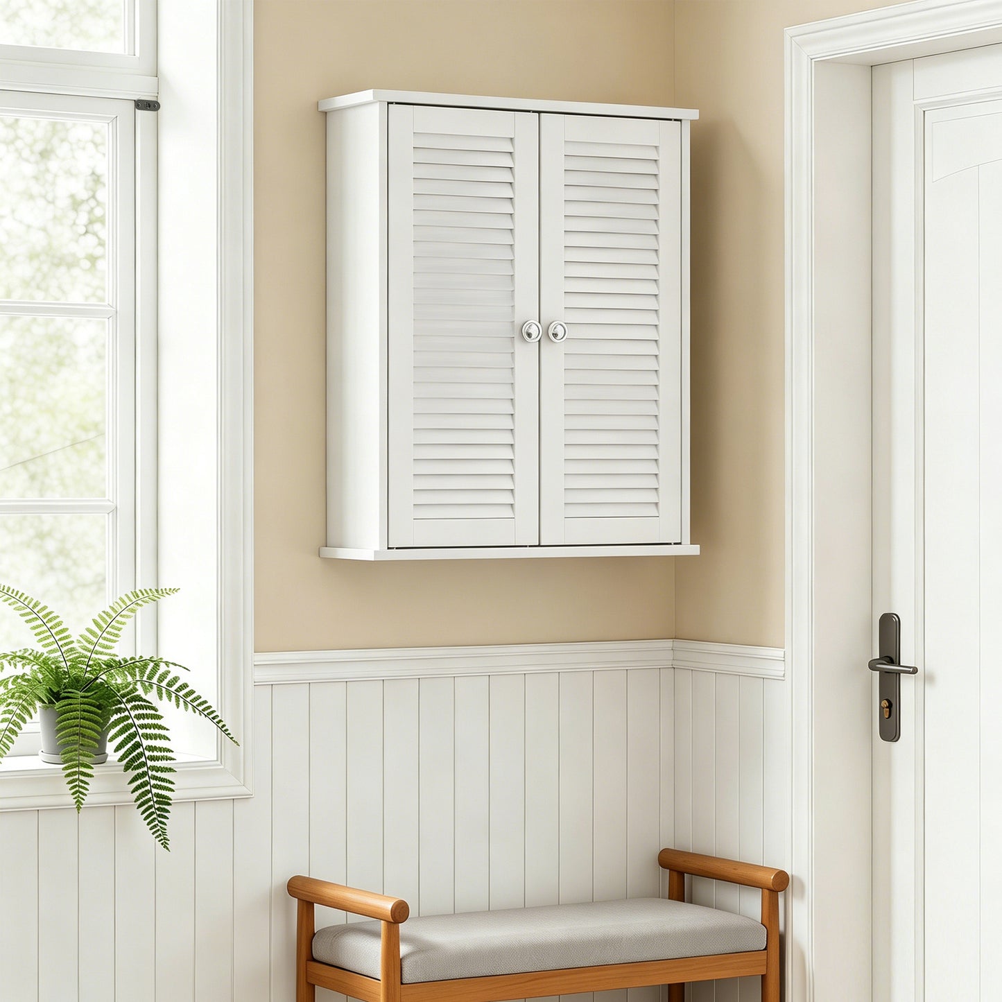 HOMCOM Bathroom Cabinet, Bathroom Wall Cabinet with Louvered Doors and Adjustable Shelf Storage for Kitchen, White