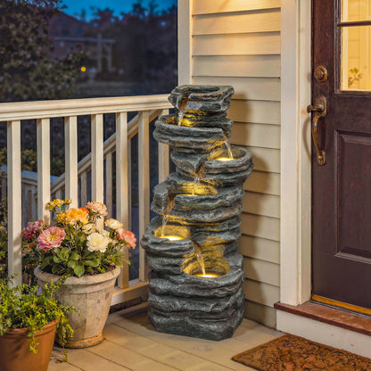 Outsunny Outdoor Fountain, 6-Tier Cascading Waterfall Feature with LED Lights, Resin Freestanding Garden Fountain, Grey