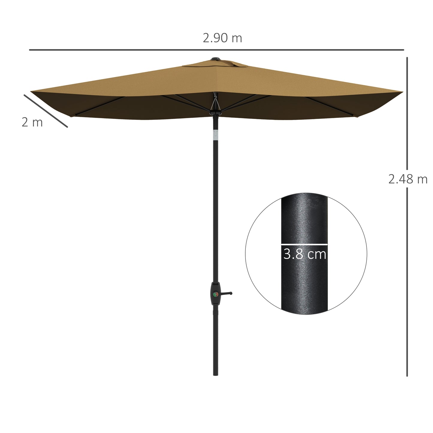 Outsunny 3 x 2 m Garden Parasol Umbrella with Aluminium Pole, UPF 50+ Rectangular Outdoor Table Parasol Sun Shade with Crank & Push Button Tilt, Metal Ribs, Brown