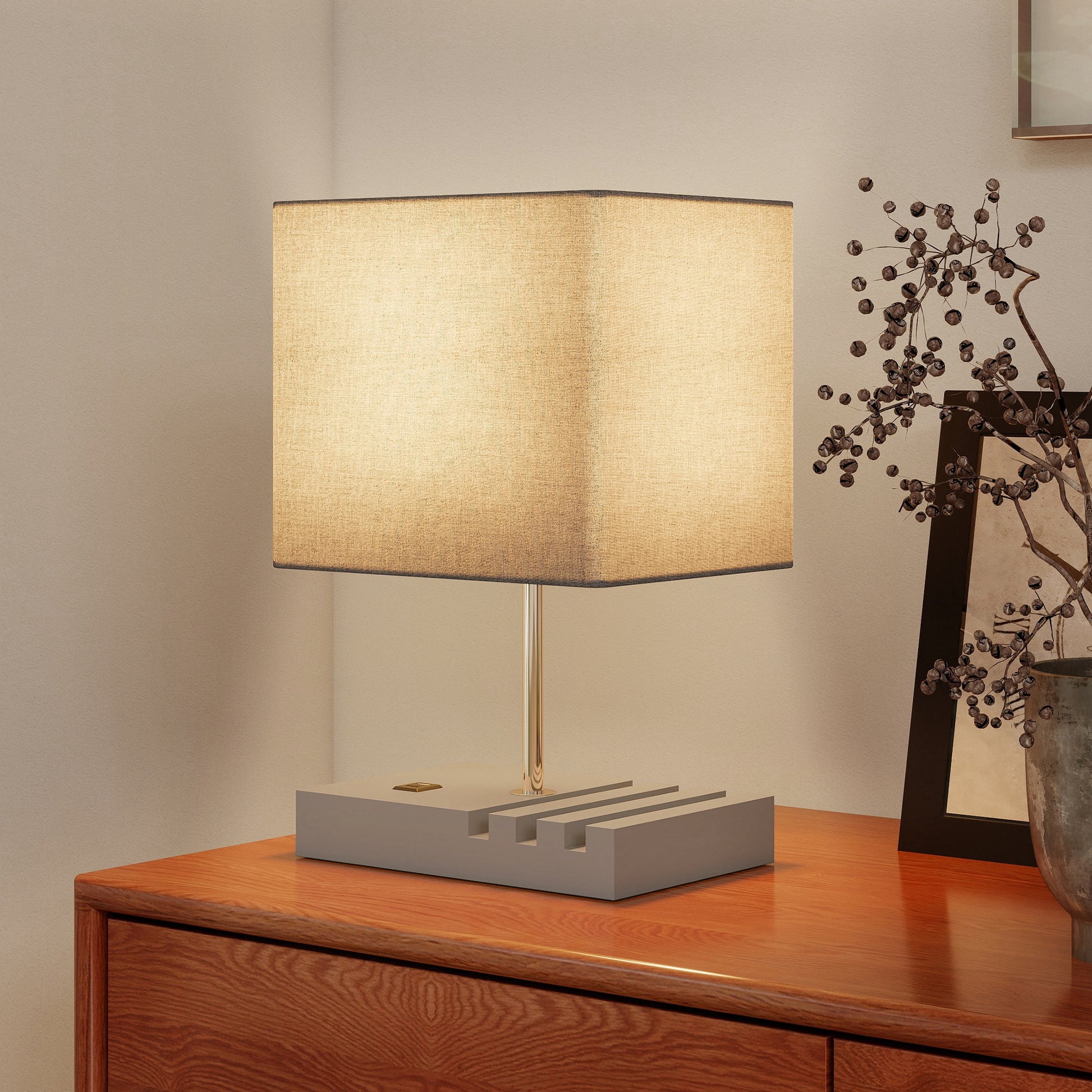HOMCOM Bedside Lamp with USB A+C Charging Ports and 3 Phone Stands, Modern Table Lamp with Solid Wood Base and Fabric Shade for Bedroom Living Room Office, E27 Socket, Bulb Not Included, Grey--ChewyGames-ChewyGames