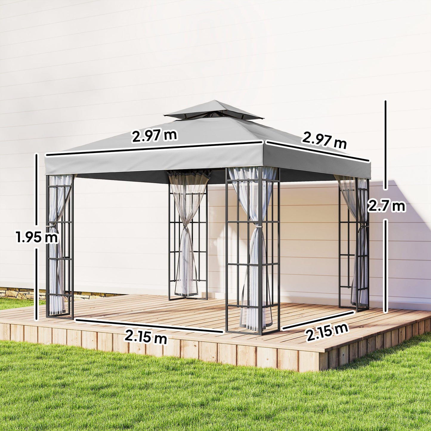 Outsunny 3 x 3(m) Patio Gazebo Canopy Garden Pavilion Tent Shelter with 2 Tier Roof and Mosquito Netting, Light Grey--ChewyGames-ChewyGames