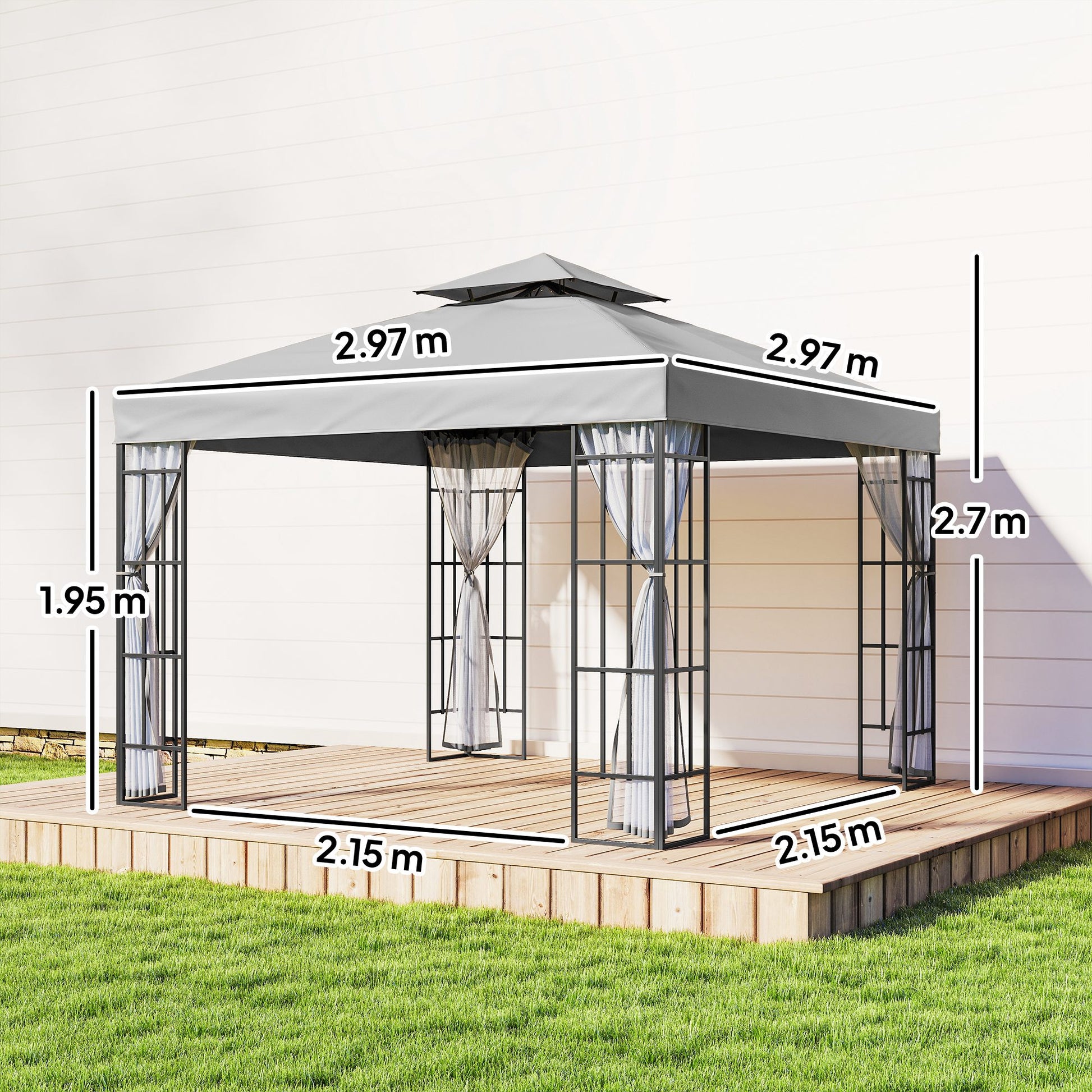 Outsunny 3 x 3(m) Patio Gazebo Canopy Garden Pavilion Tent Shelter with 2 Tier Roof and Mosquito Netting, Light Grey--ChewyGames-ChewyGames