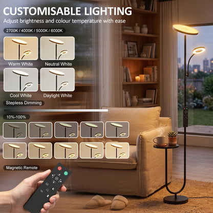 HOMCOM Uplighter Floor Lamp with Table and Reading Light, Dual Light Dimmable Standing Lamp with Remote & 4 Colour Temperatures