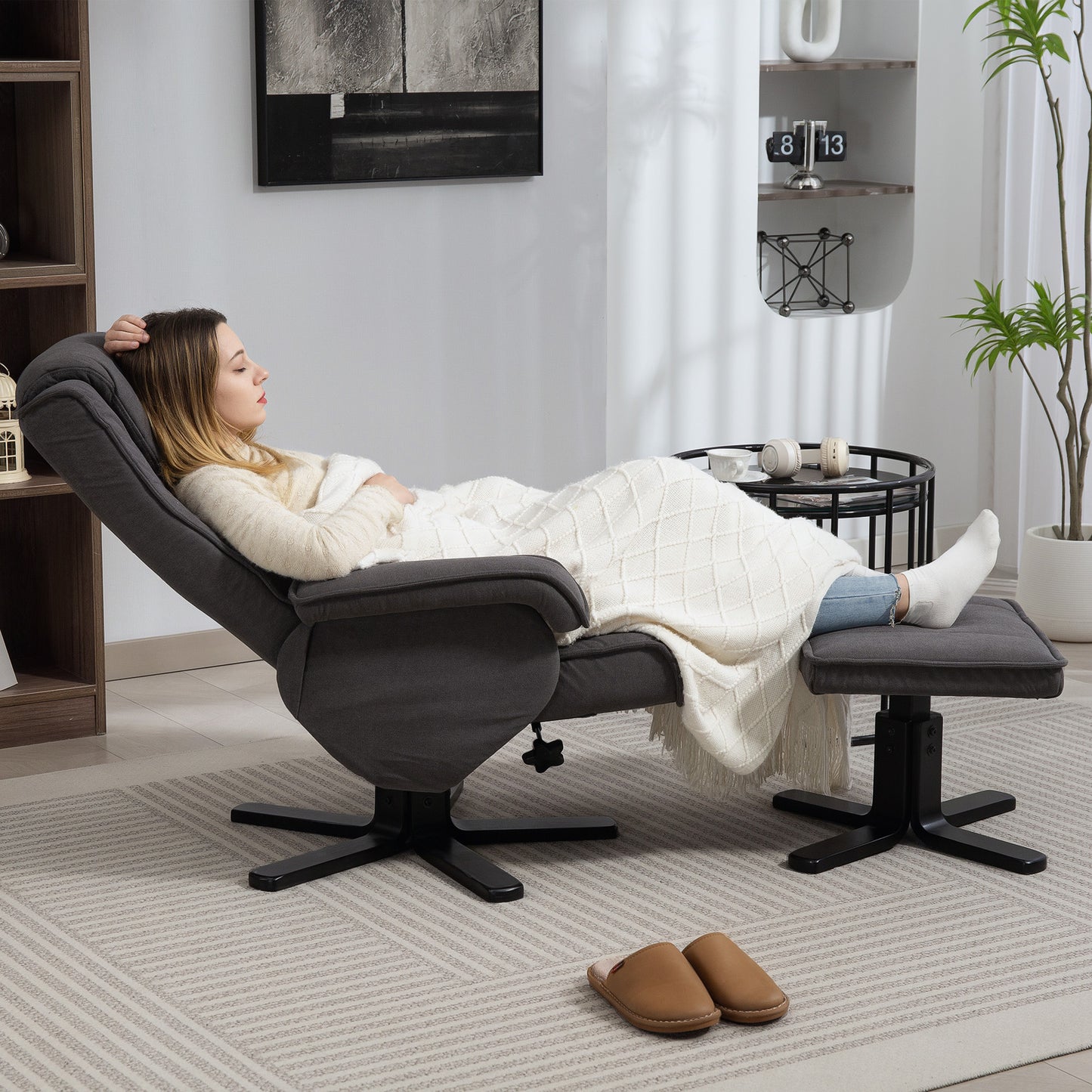 HOMCOM Swivel Recliner Chair with Footstool - Charcoal Grey Velvet