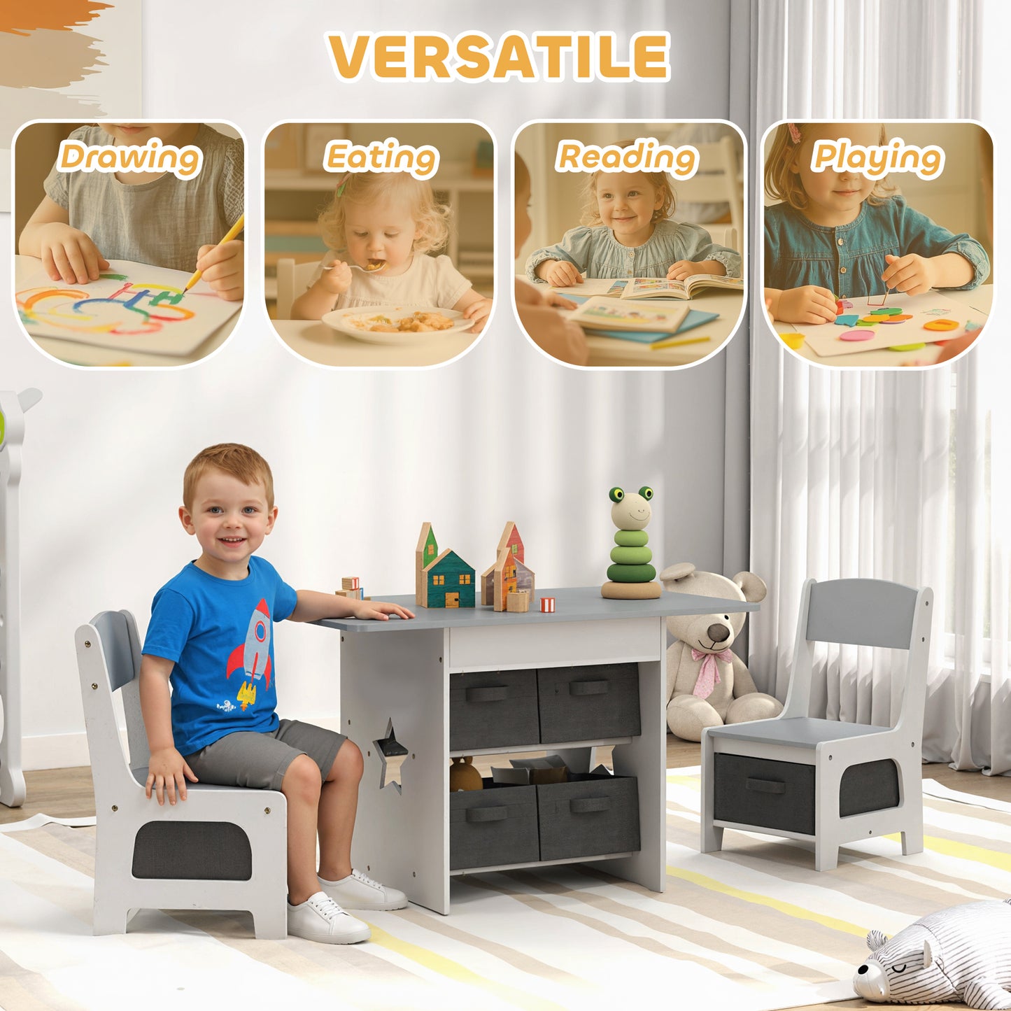 AIYAPLAY Kids Table and Chair Set, Toddler Table and 2 Chairs Set with 6 Removable Drawers, for Boys Girls Ages 3-8, Light Grey