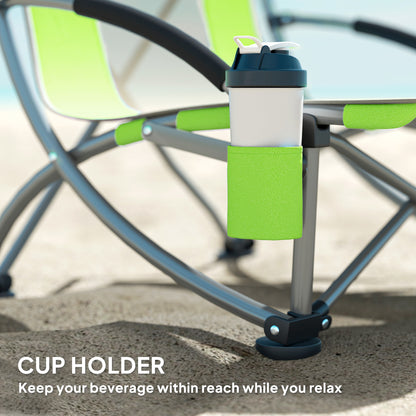 Outsunny Set of 2 Folding Beach Chair, Low Camping Chair with Mesh Back, Carry Bag and Cup Holder for Garden Outdoor Picnic Festival Travel, Green