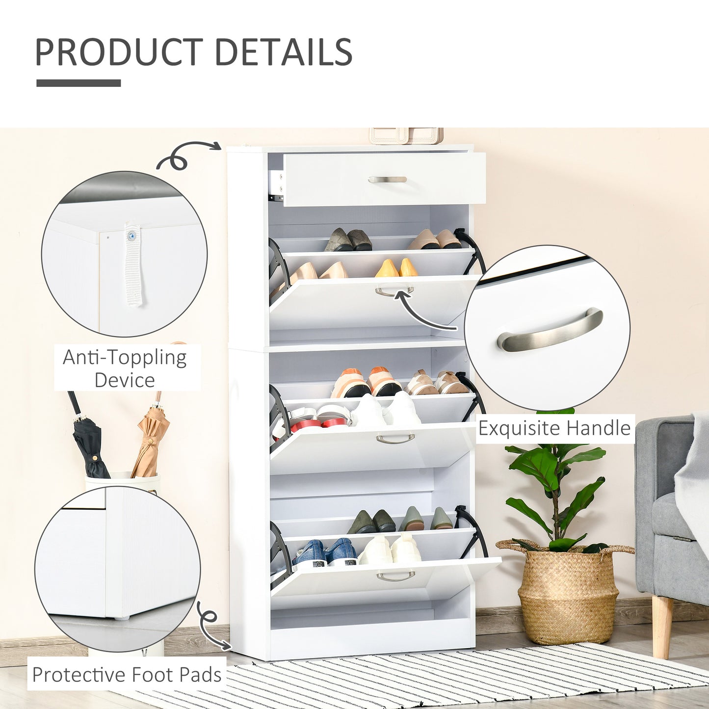 HOMCOM Shoe Cabinet with 3 Flip Drawers, High Gloss Shoe Storage Cabinet with Top Drawer and Adjustable Shelves, Shoe Cupboard for 18 Pairs, White