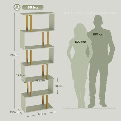 HOMCOM S-Shaped Bookshelf, 6-Tier Bookcase, Freestanding Storage Shelves with Anti-Tip Strap for Living Room, Light Green