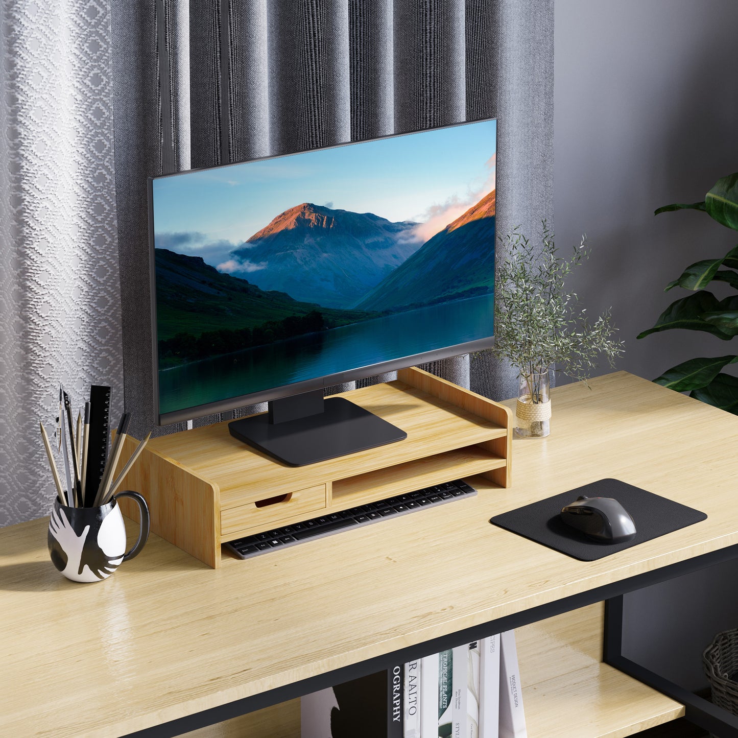 HOMCOM Monitor Riser Laptop PC Plinth Stand TV Computer Desktop Organiser W/ Drawer Bamboo